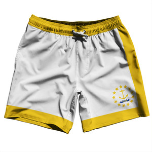 Rhode Island US State Flag Swim Shorts 7" Made in USA - White Yellow Rhode Island US State Flag Swim Shorts 7" Made in USA - White Yellow