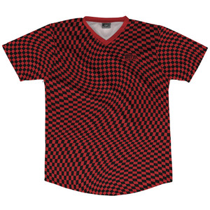 Warped Checkerboard Soccer Jersey Made In USA - Red Dark And Black Warped Checkerboard Soccer Jersey Made In USA - Red Dark And Black