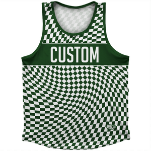 Warped Checkerboard Custom Athletic Sport Tank Top Made In USA - Green Forest And White Warped Checkerboard Custom Athletic Sport Tank Top Made In USA - Green Forest And White
