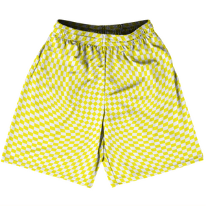 Warped Checkerboard Basketball Practice Shorts Made In USA - Yellow Bright And White Warped Checkerboard Basketball Practice Shorts Made In USA - Yellow Bright And White