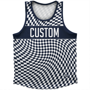 Warped Checkerboard Custom Athletic Sport Tank Top Made In USA - Blue Navy And White Warped Checkerboard Custom Athletic Sport Tank Top Made In USA - Blue Navy And White