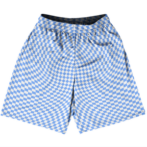 Warped Checkerboard Basketball Practice Shorts Made In USA - Blue Carolina And White Warped Checkerboard Basketball Practice Shorts Made In USA - Blue Carolina And White
