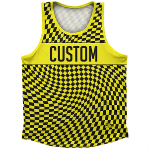 Warped Checkerboard Custom Athletic Sport Tank Top Made In USA - Yellow Bright And Black Warped Checkerboard Custom Athletic Sport Tank Top Made In USA - Yellow Bright And Black