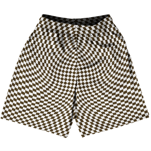 Warped Checkerboard Basketball Practice Shorts Made In USA - Brown Dark And White Warped Checkerboard Basketball Practice Shorts Made In USA - Brown Dark And White