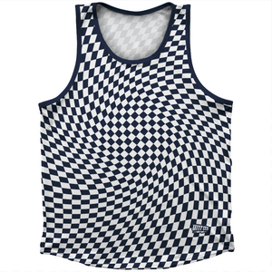 Warped Checkerboard Athletic Sport Tank Top Made In USA - Blue Navy And White Warped Checkerboard Athletic Sport Tank Top Made In USA - Blue Navy And White