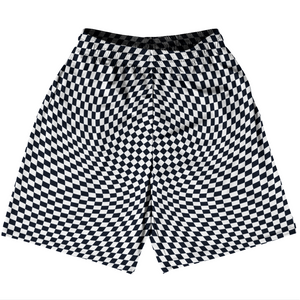 Warped Checkerboard Basketball Practice Shorts Made In USA - Blue Navy Almost Black And White Warped Checkerboard Basketball Practice Shorts Made In USA - Blue Navy Almost Black And White