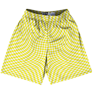 Warped Checkerboard Lacrosse Shorts Made In USA - Yellow Bright And White Warped Checkerboard Lacrosse Shorts Made In USA - Yellow Bright And White