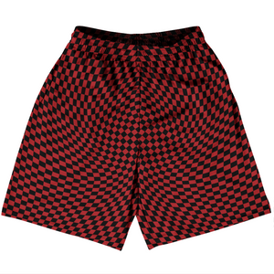 Warped Checkerboard Basketball Practice Shorts Made In USA - Red Dark And Black Warped Checkerboard Basketball Practice Shorts Made In USA - Red Dark And Black