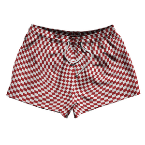 Warped Checkerboard 2.5" Swim Shorts Made in USA - Red Dark And White Warped Checkerboard 2.5" Swim Shorts Made in USA - Red Dark And White