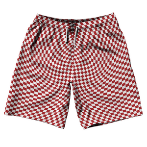 Warped Checkerboard 10" Swim Shorts Made in USA - Red Dark And White Warped Checkerboard 10" Swim Shorts Made in USA - Red Dark And White