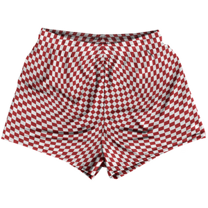 Warped Checkerboard Womens & Girls Sport Shorts End Made In USA - Red Dark And White Warped Checkerboard Womens & Girls Sport Shorts End Made In USA - Red Dark And White
