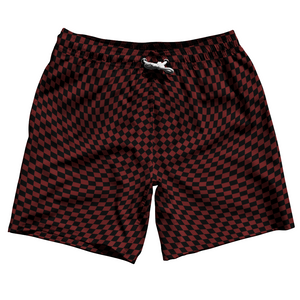 Warped Checkerboard Swim Shorts 7" Made in USA - Red Maroon And Black Warped Checkerboard Swim Shorts 7" Made in USA - Red Maroon And Black