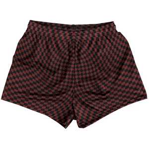 Warped Checkerboard Womens & Girls Sport Shorts End Made In USA - Red Maroon And Black Warped Checkerboard Womens & Girls Sport Shorts End Made In USA - Red Maroon And Black