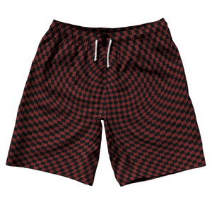Warped Checkerboard 10" Swim Shorts Made in USA - Red Maroon And Black Warped Checkerboard 10" Swim Shorts Made in USA - Red Maroon And Black