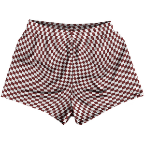 Warped Checkerboard Womens & Girls Sport Shorts End Made In USA - Red Maroon And White Warped Checkerboard Womens & Girls Sport Shorts End Made In USA - Red Maroon And White