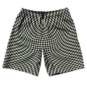 Warped Checkerboard 10" Swim Shorts Made in USA - Blue Navy And Vegas Gold Warped Checkerboard 10" Swim Shorts Made in USA - Blue Navy And Vegas Gold