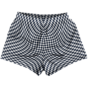 Warped Checkerboard Womens & Girls Sport Shorts End Made In USA - Blue Navy And White Warped Checkerboard Womens & Girls Sport Shorts End Made In USA - Blue Navy And White
