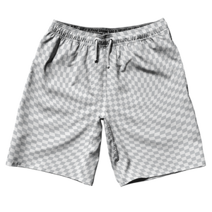 Warped Checkerboard 10" Swim Shorts Made in USA - Grey Medium And White Warped Checkerboard 10" Swim Shorts Made in USA - Grey Medium And White