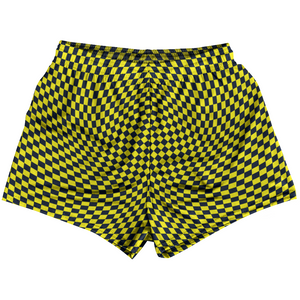 Warped Checkerboard Womens & Girls Sport Shorts End Made In USA - Blue Navy And Yellow Bright