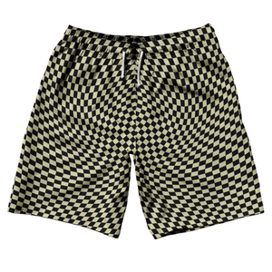 Warped Checkerboard 10" Swim Shorts Made in USA - Vegas Gold And Black Warped Checkerboard 10" Swim Shorts Made in USA - Vegas Gold And Black
