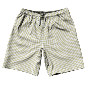 Warped Checkerboard 10" Swim Shorts Made in USA - Vegas Gold And White Warped Checkerboard 10" Swim Shorts Made in USA - Vegas Gold And White