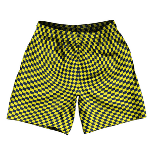 Warped Checkerboard Soccer Shorts Made In USA - Blue Navy And Yellow Bright Warped Checkerboard Soccer Shorts Made In USA - Blue Navy And Yellow Bright