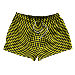 Warped Checkerboard 2.5" Swim Shorts Made in USA - Yellow Bright And Black Warped Checkerboard 2.5" Swim Shorts Made in USA - Yellow Bright And Black