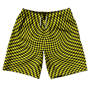 Warped Checkerboard 10" Swim Shorts Made in USA - Yellow Bright And Black Warped Checkerboard 10" Swim Shorts Made in USA - Yellow Bright And Black