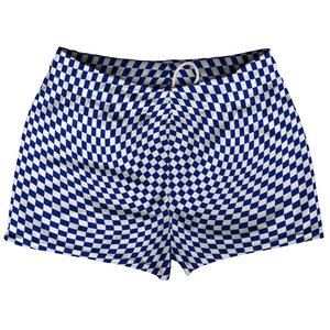 Warped Checkerboard Shorty Short Gym Shorts 2.5" Inseam Made In USA - Blue Royal And White Warped Checkerboard Shorty Short Gym Shorts 2.5" Inseam Made In USA - Blue Royal And White