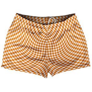Warped Checkerboard Shorty Short Gym Shorts 2.5" Inseam Made In USA - Orange Tennessee And White Warped Checkerboard Shorty Short Gym Shorts 2.5" Inseam Made In USA - Orange Tennessee And White