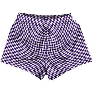 Warped Checkerboard Womens & Girls Sport Shorts End Made In USA - Purple Lakers And White Warped Checkerboard Womens & Girls Sport Shorts End Made In USA - Purple Lakers And White