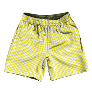Warped Checkerboard Soccer Shorts Made In USA - Yellow Bright And White Warped Checkerboard Soccer Shorts Made In USA - Yellow Bright And White