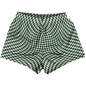 Warped Checkerboard Womens & Girls Sport Shorts End Made In USA - Green Forest And White Warped Checkerboard Womens & Girls Sport Shorts End Made In USA - Green Forest And White