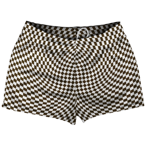 Warped Checkerboard Shorty Short Gym Shorts 2.5" Inseam Made In USA - Brown Dark And White Warped Checkerboard Shorty Short Gym Shorts 2.5" Inseam Made In USA - Brown Dark And White
