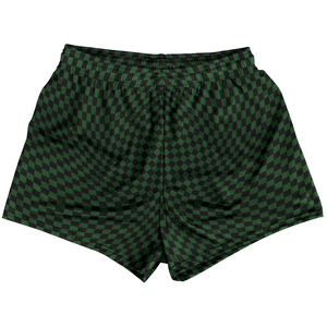 Warped Checkerboard Womens & Girls Sport Shorts End Made In USA - Green Hunter And Black Warped Checkerboard Womens & Girls Sport Shorts End Made In USA - Green Hunter And Black