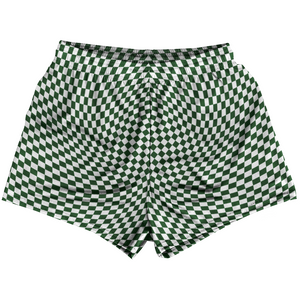 Warped Checkerboard Womens & Girls Sport Shorts End Made In USA - Green Hunter And White