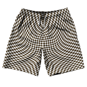 Warped Checkerboard 10" Swim Shorts Made in USA - Brown Dark And White Warped Checkerboard 10" Swim Shorts Made in USA - Brown Dark And White