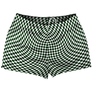 Warped Checkerboard Shorty Short Gym Shorts 2.5" Inseam Made In USA - Green Forest And White Warped Checkerboard Shorty Short Gym Shorts 2.5" Inseam Made In USA - Green Forest And White