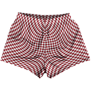 Warped Checkerboard Womens & Girls Sport Shorts End Made In USA - Red Cardinal And White Warped Checkerboard Womens & Girls Sport Shorts End Made In USA - Red Cardinal And White