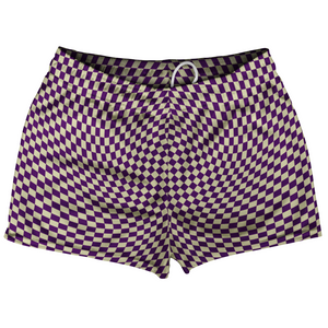 Warped Checkerboard Shorty Short Gym Shorts 2.5" Inseam Made In USA - Purple Medium And Vegas Gold Warped Checkerboard Shorty Short Gym Shorts 2.5" Inseam Made In USA - Purple Medium And Vegas Gold