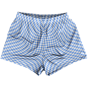 Warped Checkerboard Womens & Girls Sport Shorts End Made In USA - Blue Carolina And White Warped Checkerboard Womens & Girls Sport Shorts End Made In USA - Blue Carolina And White