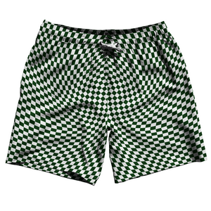 Warped Checkerboard Swim Shorts 7" Made in USA - Green Forest And White Warped Checkerboard Swim Shorts 7" Made in USA - Green Forest And White