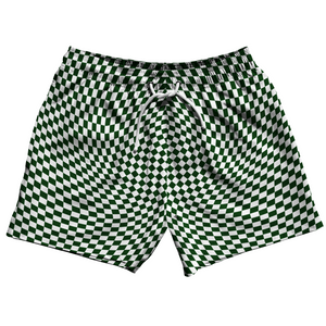 Warped Checkerboard 5" Swim Shorts Made in USA - Green Forest And White Warped Checkerboard 5" Swim Shorts Made in USA - Green Forest And White