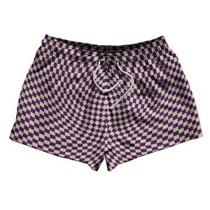 Warped Checkerboard 2.5" Swim Shorts Made in USA - Purple Medium And Vegas Gold Warped Checkerboard 2.5" Swim Shorts Made in USA - Purple Medium And Vegas Gold