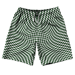 Warped Checkerboard 10" Swim Shorts Made in USA - Green Forest And White Warped Checkerboard 10" Swim Shorts Made in USA - Green Forest And White