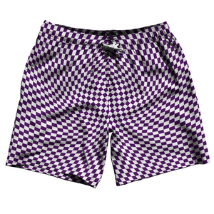 Warped Checkerboard Swim Shorts 7" Made in USA - Purple Medium And White Warped Checkerboard Swim Shorts 7" Made in USA - Purple Medium And White