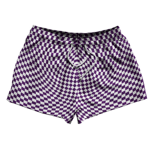 Warped Checkerboard 2.5" Swim Shorts Made in USA - Purple Medium And White Warped Checkerboard 2.5" Swim Shorts Made in USA - Purple Medium And White