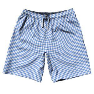 Warped Checkerboard 10" Swim Shorts Made in USA - Blue Carolina And White Warped Checkerboard 10" Swim Shorts Made in USA - Blue Carolina And White