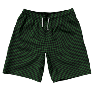 Warped Checkerboard 10" Swim Shorts Made in USA - Green Hunter And Black Warped Checkerboard 10" Swim Shorts Made in USA - Green Hunter And Black