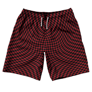 Warped Checkerboard 10" Swim Shorts Made in USA - Red Cardinal And Black Warped Checkerboard 10" Swim Shorts Made in USA - Red Cardinal And Black
